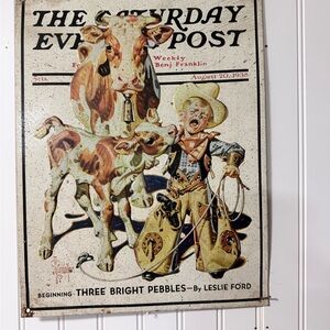 Ford Poster Art Featuring Cow and Cowboy in Cream, Brown, Black